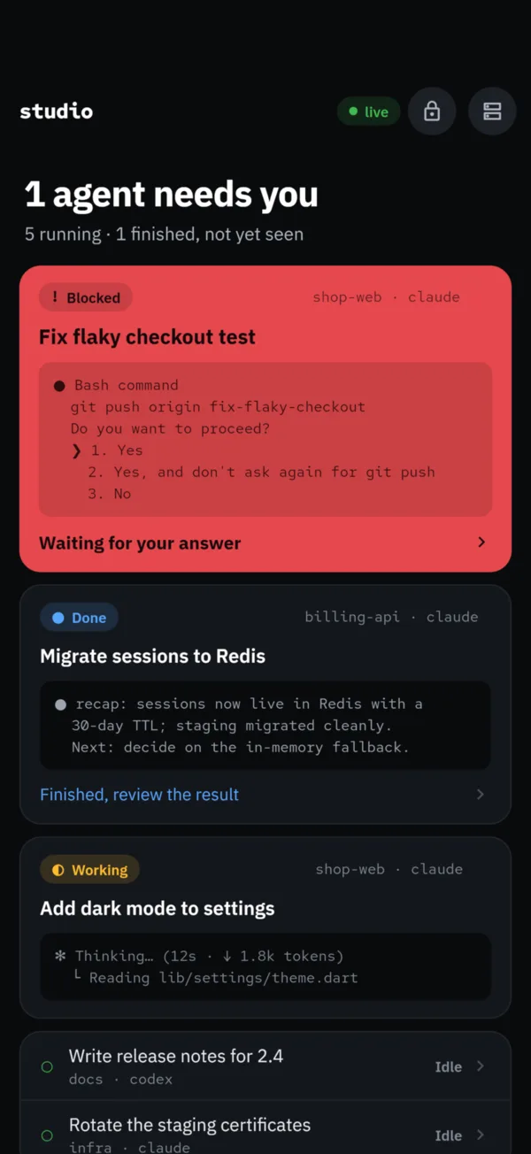The Cowboy home screen: one agent highlighted in red is waiting for an answer, followed by finished, working and idle agents.
